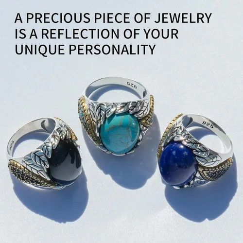 Miniatura 7 de SKOOMEN Men's Rings in Sterling Silver, Silver Ring with Black Agate Stone, Silver Men Ring with Turquoise Stone, Handmade Statement Ring with Lapis