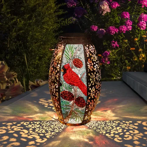 Faroles solares colgantes para exteriores, luz LED cardenal de cristal, impermeable, hueca, decoración de metal, jardín, patio, regalos, mesa,