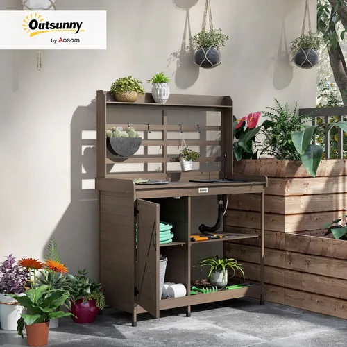 Miniatura 2 de Outsunny Banco de Jardinería Exterior de Madera con Mesa y Fregadero y Grifo, Estación de Trabajo de Jardín con Gabinete de Almacenamiento, Estantes