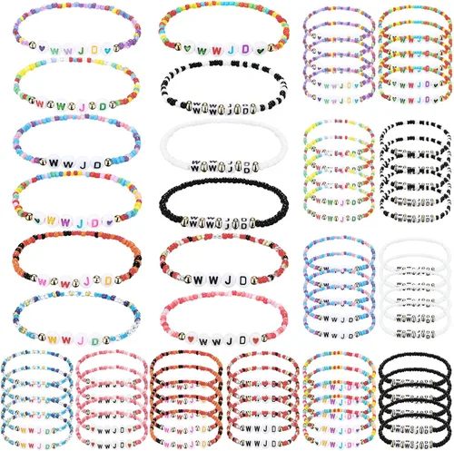 Huquary 72 pulseras WWJD de Jesús You cristianas a granel, pulseras de la amistad con cuentas para mujer, colorido, religioso, inspirador,
