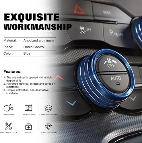 Miniatura 5 de Xotic Tech - 3 piezas de aluminio azul CA para interruptor de volumen de radio climática de control de botón de control compatible con Dodge Charger
