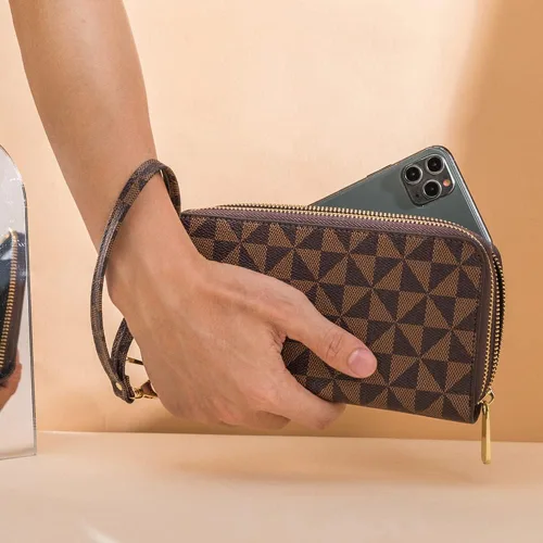 Miniatura 22 de Veki Billetera para mujer con doble cremallera y correa para la muñeca, monedero de cuero para tarjetas de crédito para mujeres y hombres, Negro A