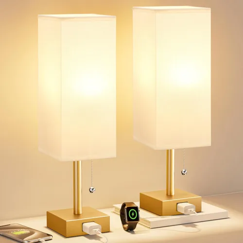 Miniatura 14 de Fenmzee Juego de 2 lámparas de noche para dormitorio, pequeña lámpara rectangular para mesita de noche con puerto de carga USB A C, luz
