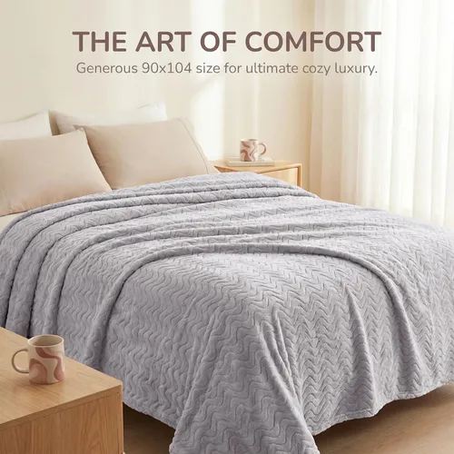 Miniatura 2 de Exclusivo Mezcla Manta King para cama, acogedora manta ligera de vellón con textura ondulada decorativa adecuada para invierno, gris claro, 90 x 104