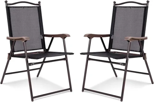 TANGZON Set of 2 Folding Garden Chairs, Portable Steel Frame High Back Chair Set with Armrests, Indoor Outdoor Weather Resistant Dining Seat for