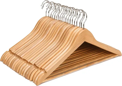 Miniatura 12 de JS Hanger Perchas de madera para abrigos, paquete de 20 perchas de madera de alta calidad para trajes con barra antideslizante para pantalones