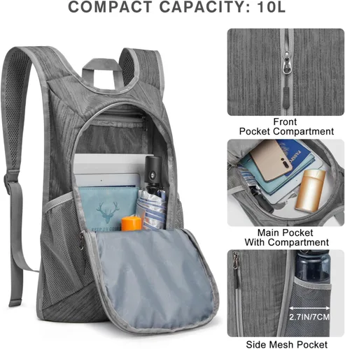 Miniatura 3 de G4Free Mochila de senderismo de 10L Mochila de viaje pequeña Mochila plegable ligera Mochila de hombro plegable casual Gris oscuro