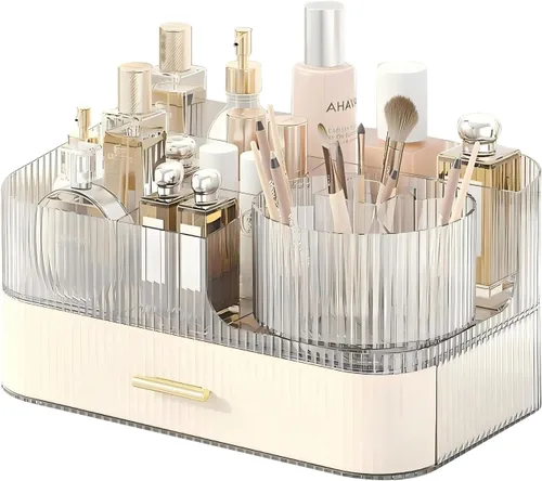 Miniatura 9 de DASITON Organizador de Maquillaje con Cajones y Soporte Giratorio para Brochas de Maquillaje, Organizador de Cosméticos Apilable de Gran Capacidad
