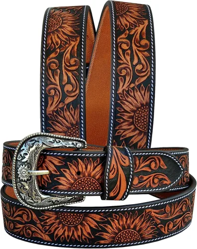 Miniatura 5 de Western Cuero Genuino Girasol Floral Tooled Casual Jeans Cinturón Con Hebilla Removeable 30AB101