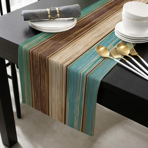 Miniatura 2 de Camino de mesa retro de lino y algodón geométrico, tapete rectangular para tocador, tablones de madera rústica, alfombra al aire libre para café