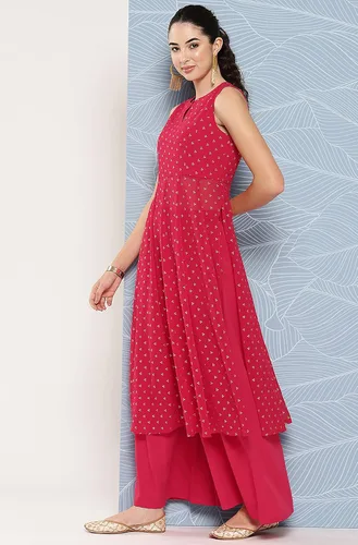 Miniatura 4 de Janasya Kurta con estampado de Georgette rosa indio con palazzo acampanado para mujer