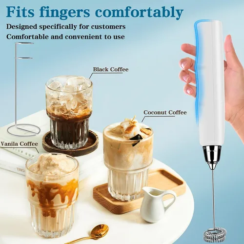 Miniatura 4 de BSRGMS Espumador de leche de mano con soporte, batidor eléctrico de 3 velocidades ajustables, mezclador de bebidas con 3 batidores de acero Blanco