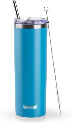 Miniatura 25 de Koodee - Vaso delgado de acero inoxidable de 20 onzas (4 unidades) aislado con doble pared, vaso de agua con 4 tapas, 4 popotes y 2 cepillos