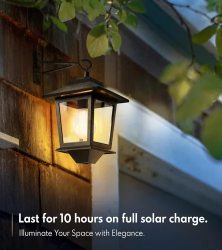 Miniatura 2 de PASAMIC Paquete de 2 faroles solares de pared, luces colgantes para exteriores con 4 paneles solares, aplique de pared LED del atardecer al Negro