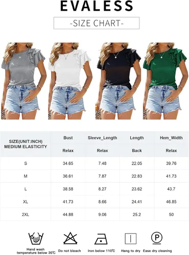 Miniatura 6 de EVALESS Blusas de verano para mujer, cuello redondo, manga corta, con volantes, color liso, ajustadas, blusas casuales