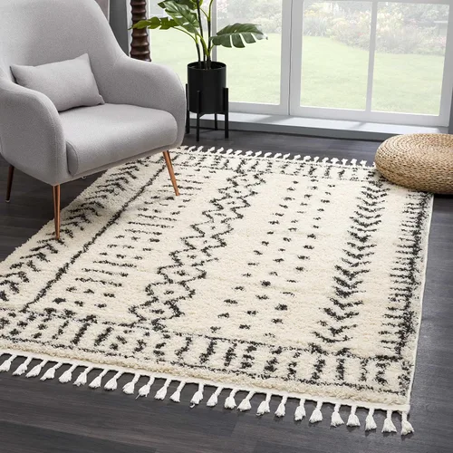 Miniatura 75 de Hauteloom, Duncans - Alfombra de estilo granja de pelo mullido para sala y dormitorio, con borlas - Beige, carbón, gris - 2 pies 7 pulgadas x 7 pies
