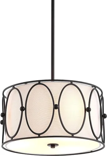 JONATHAN Y Lámpara colgante de 3 luces LED de bronce aceitado/blanco de 19 pulgadas, lámpara colgante moderna con pantalla de tambor de lino blanco,