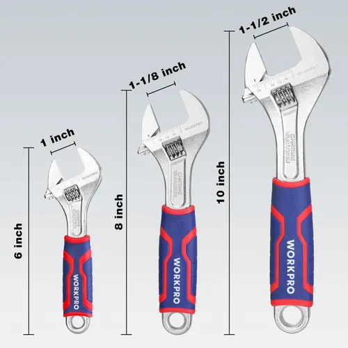 Miniatura 2 de WORKPRO juego de 3 llaves ajustables, llave de mandíbula ancha Cr-V con empuñadura antideslizante de goma, 6 pulgadas, 8 pulgadas, 10 pulgadas