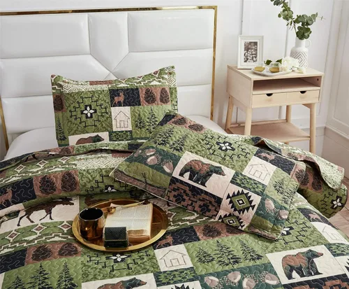 Miniatura 3 de Ycosy Juego de Edredón Rústico Lodge con Alce Ciervo Colcha Tamaño King Oso del Bosque Ciervo Edredón Verde Matcha Reversible Cubrecamas de Cabaña