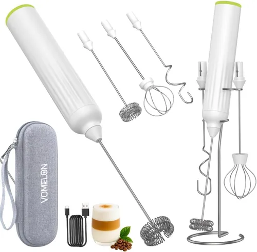 Miniatura 10 de Espumador de leche de mano con 3 batidores de acero inoxidable, mezclador eléctrico recargable de bebidas con soporte y estuche de viaje, espumador
