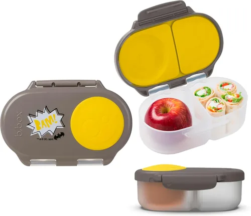 b.box Batman Snack Box - Recipientes a prueba de fugas de 2 compartimentos para niños, mini caja Bento para niños y niños pequeños, contenedores de