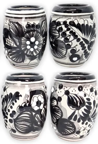 Vasos de chupito Talavera en forma de barril: juego de 4 caballitos de cerámica floral pintados a mano, 2 oz, auténtica cerámica mexicana para