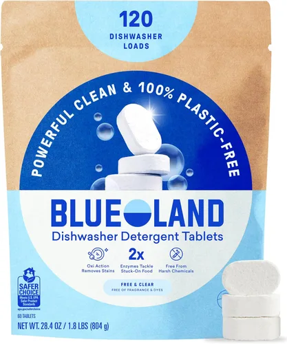 Miniatura 12 de BLUELAND - Tabletas de detergente para lavavajillas 100% libres de plástico, 60 unidades, libres y transparentes, ecológicas, cortan la grasa y se