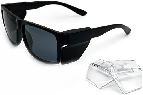 JING LEI Gafas de seguridad con escudo lateral extraíble, gafas de protección UV400, lentes de sol rectangulares negros para mujeres y hombres para