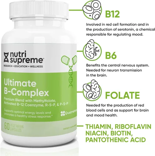 Miniatura 3 de Nutri Supreme Ultimate B Complex, vitaminas B esenciales altamente absrobables con metilfolato para apoyar la función del sistema nervioso, 60