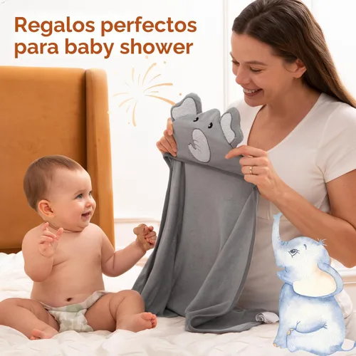 Miniatura 5 de Momcozy Toalla de bebé con capucha de elefante lindo – 8 piezas esenciales de baño, 2 toallas y 6 paños de lavado, regalo perfecto para niños
