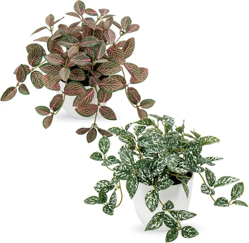 Hollyone Plantas falsas, 2 paquetes de plantas artificiales de interior con maceta de plástico blanco, pequeña planta falsa en maceta para el hogar,