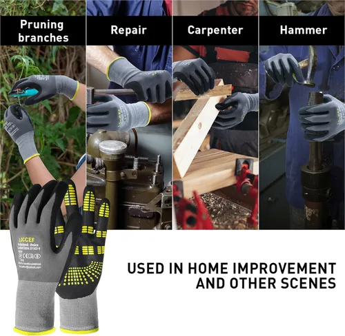 Miniatura 3 de LOCCEF Guantes de trabajo de seguridad con revestimiento de nitrilo de microespuma - 6 pares, nylon sin costuras de resistencia, puntos en la palma