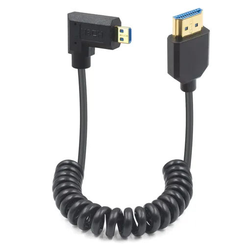 Duttek Cable en espiral micro HDMI a HDMI de 8 K a 60 Hz, 48 Gbps, cable HDMI a Micro HDMI 2.1 en ángulo recto para cámara, GoPro Hero, Raspberry Pi