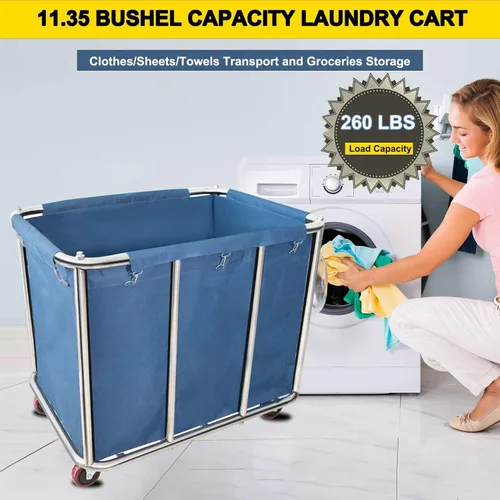 Miniatura 4 de Carrito de lavandería comercial con ruedas, carrito de lavandería grande de 11.35 bushel, cesta de lavandería comercial de acero inoxidable Azul