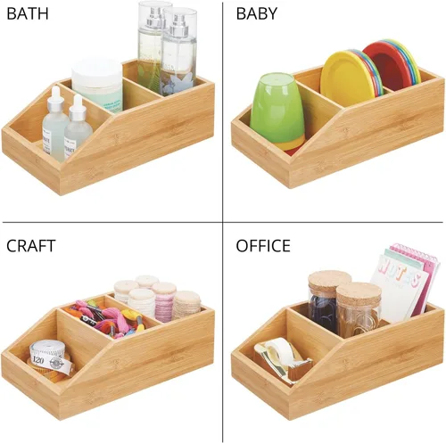 Miniatura 6 de mDesign Caja organizadora compacta de madera de bambú para baño, 3 secciones divididas, gabinetes, estantes, encimeras, dormitorio, cocina