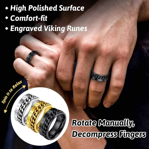 Miniatura 2 de FaithHeart Anillo giratorio nórdico vikingo con runas de acero inoxidable chapado en oro para hombres y mujeres, puede grabar personalizado