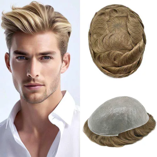 Miniatura 94 de 0.002 in ultra fina piel tupé Remy cabello humano piezas para hombres V-Looped sistema de pelo para hombre tupé pelo tupé para hombres protesis