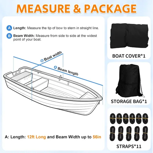 Miniatura 6 de iCOVER Cubierta para lancha Jon de 12 pies, cubierta impermeable de poliéster de grado marino resistente a los rayos UV, cubierta de amarre Negro