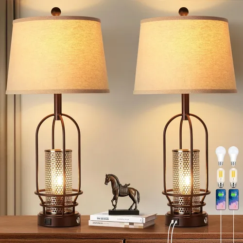 Miniatura 13 de SRJJA Juego de 2 lámparas de mesa de granja para sala de estar y dormitorio, lámparas de noche industriales rústicas para mesitas de noche con USB