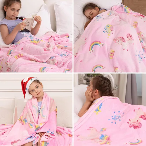Miniatura 7 de inhand Regalo de unicornio rosa para niña, manta que brilla en la oscuridad, juguetes de unicornio, manta para sofá, manta de forro polar suave