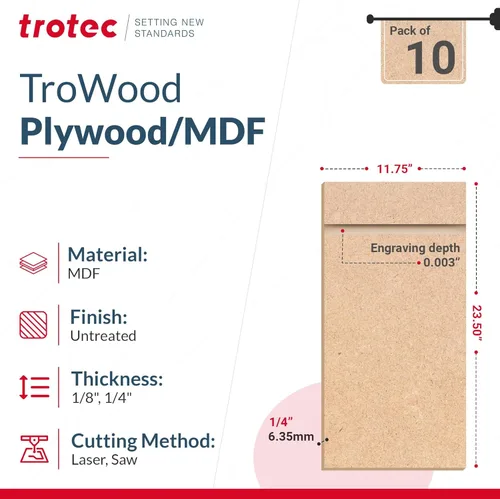 Miniatura 2 de Trotec - Hoja de madera MDF de 23.5 x 11.75 x 1/8 pulgadas, paquete de 10 unidades, grado para muebles, láser y grabable, acabado liso, fibra
