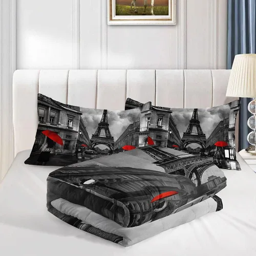 Miniatura 5 de Datura home Juego de Ropa de Cama Edredón Escenario de Calle de París Torre Eiffel Patrón Estampado Juego de Ropa de Cama con 1 Edredón y 2 Fundas