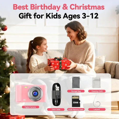 Miniatura 7 de Cámara digital 4K para niños: cámara rosa de 48MP para fotografía de adolescentes - Regalos de cumpleaños de Navidad para niñas - Disparo de zoom