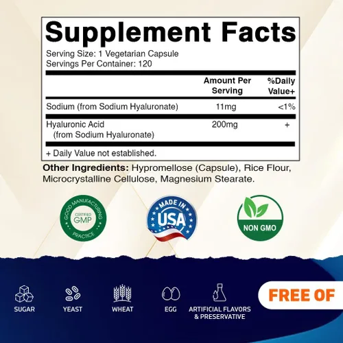 Miniatura 2 de Vitamatic Paquete de 2 suplementos de ácido hialurónico de 200 mg – Apoya el tejido conectivo saludable y las articulaciones – Promueve una piel
