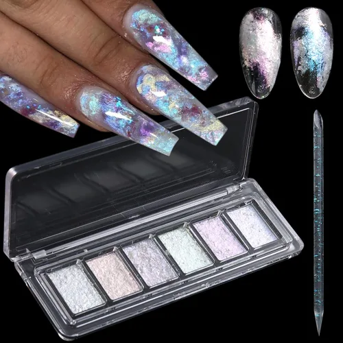Fcozpjk Juego de purpurina iridiscente para uñas, 6 colores, textura de barro, polvo cromado aurora, purpurina nacarada rosa azul, copos de uñas de