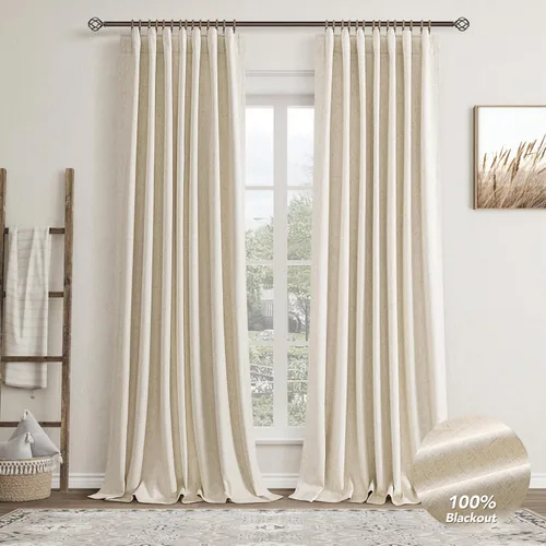 Miniatura 9 de Natural Linen 100% Blackout Curtains for Bedroom 98 Inch Length 2 Panels Set Back Tab Cream Neutral Farmhouse Living Room Darkening Curtain Track