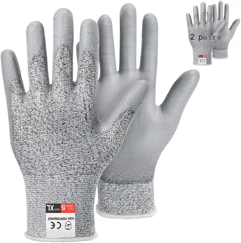 Guantes de trabajo resistentes a cortes de ZWZX, Nivel de corte A5, guantes recubiertos de poliuretano, manos antideslizantes, 2 pares