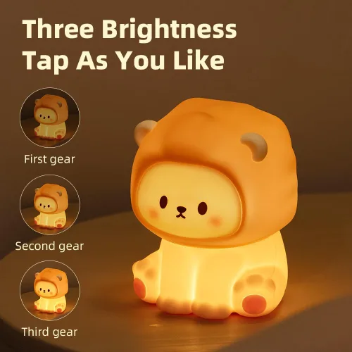 Miniatura 4 de Linda luz nocturna de león para niños, lámpara recargable de guardería con temporizador, 3 niveles de brillo y luz cálida, luz nocturna de silicona