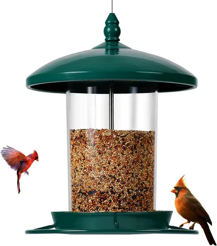 Miniatura 10 de Comedero para pájaros de metal para exteriores colgante, comedero de semillas de 3.0 LB, fácil de llenar y limpiar, alimentación de 360°, techo
