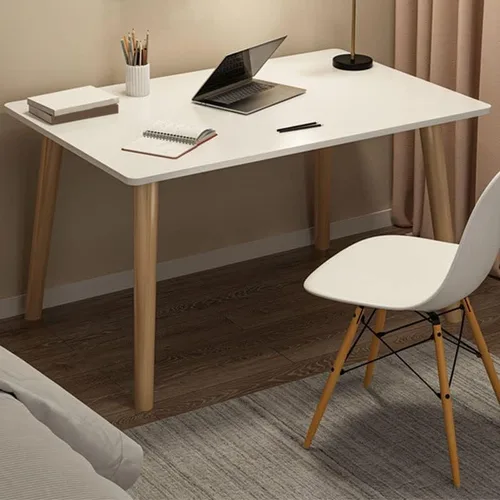 Escritorio de estudio de oficina contemporáneo, escritorio contemporáneo para computadora, escritorio de trabajo con patas de madera, blanco, sin